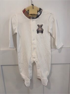 Burberry Cream Baby Footed One-Piece with Check Collar and Teddy Patch